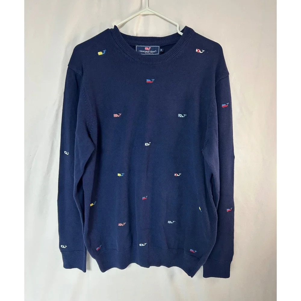 NWT Vineyard Vines Burgee Flag Whale Embroidered Crew Neck Sweater Navy Blue Med